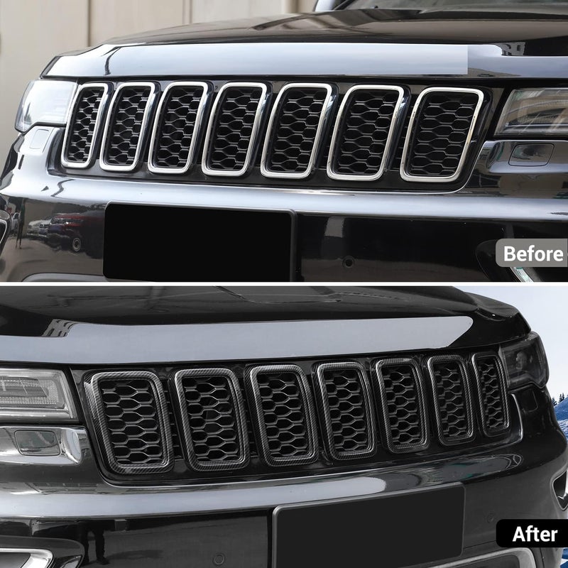 JeCar Front Grill Rings Grille Inserts Cover Trim Kit for 2017-2020 Jeep Grand Cherokee, Carbon Fiber (7Pcs) - Image 2